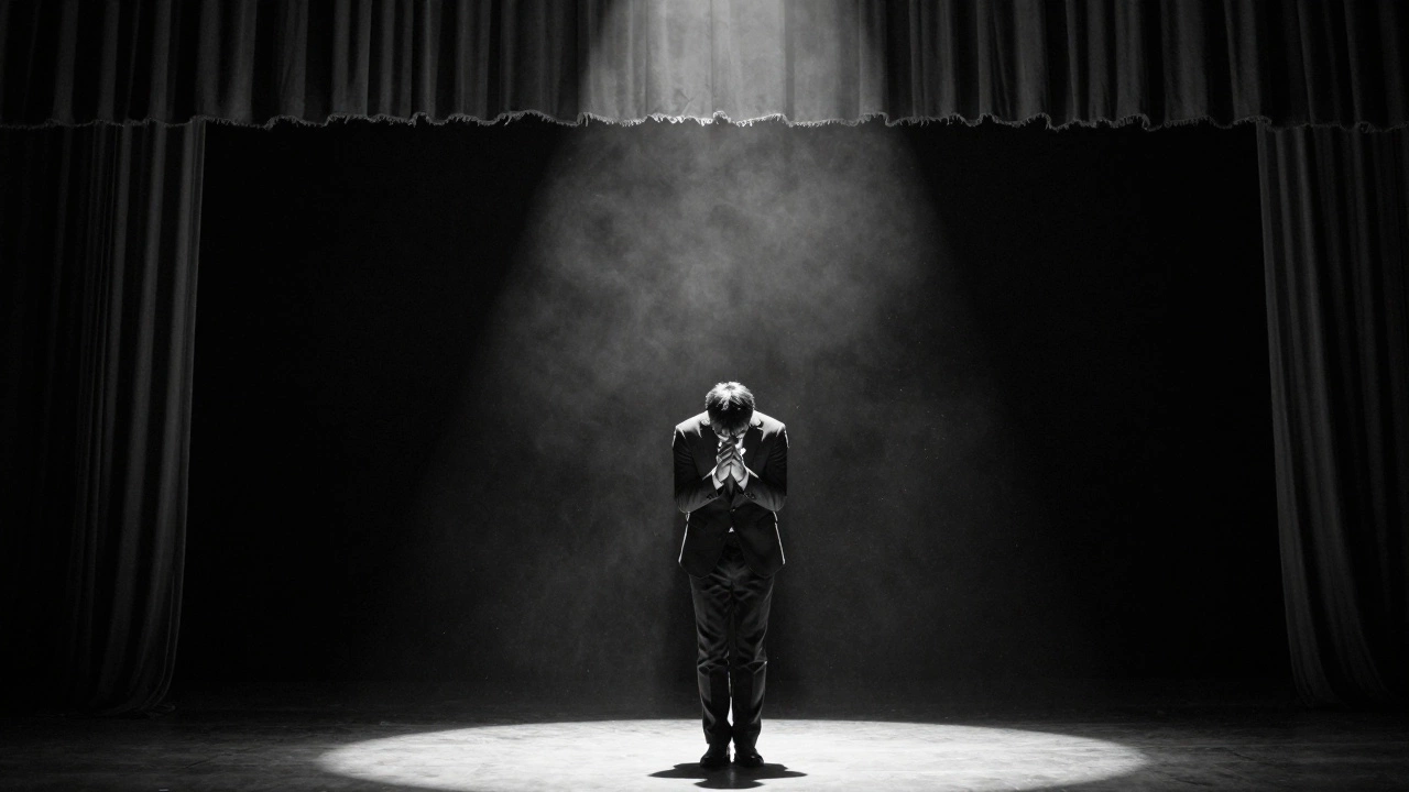 A solo performer bows alone on an empty stage under a single spotlight, dust swirling around them.
