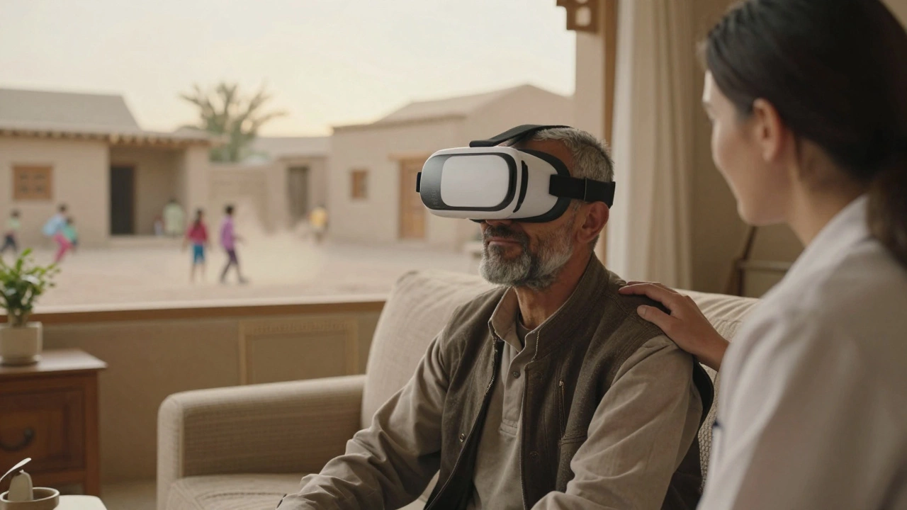 A veteran finding peace in a virtual Afghan village during VR therapy, with a therapist nearby.