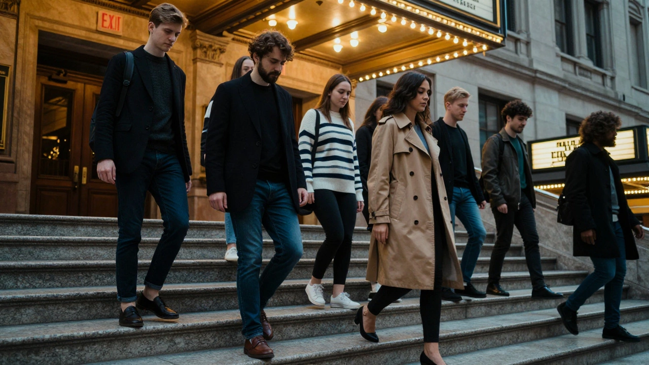 Diverse group walking up theater stairs at dusk, wearing smart casual attire.