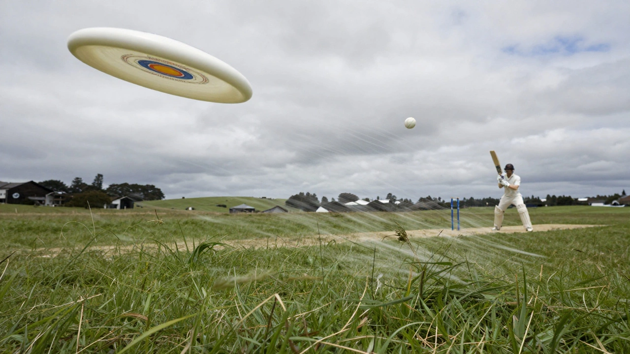Frisbee in flight amid swirling wind, grass bending around it in a field.