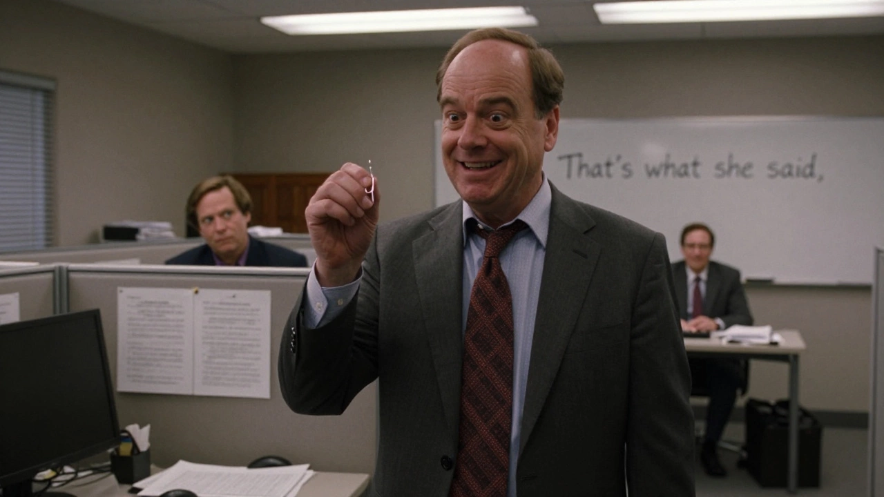 Michael Scott grinning awkwardly in a Dunder Mifflin office, Dwight staring, Jim smirking, fluorescent lights overhead.