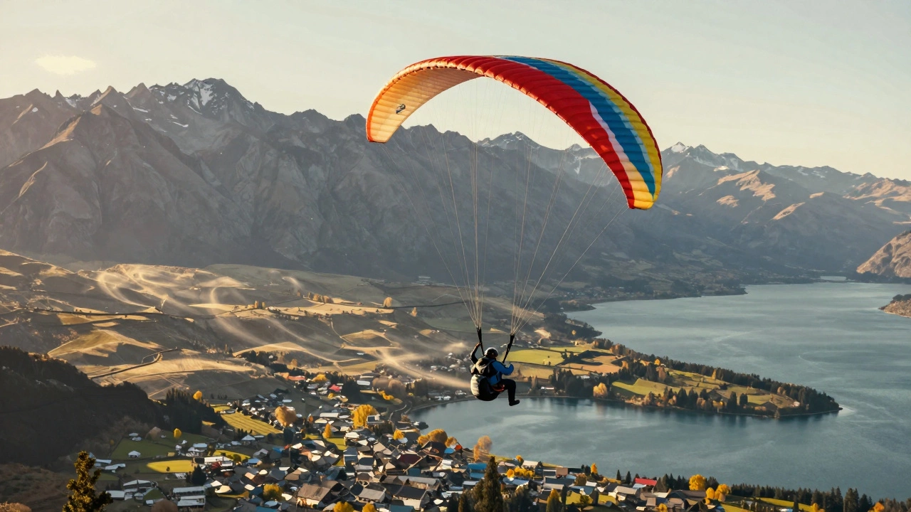 Paraglider floating above cliffs, caught in thermal updrafts above a lake.