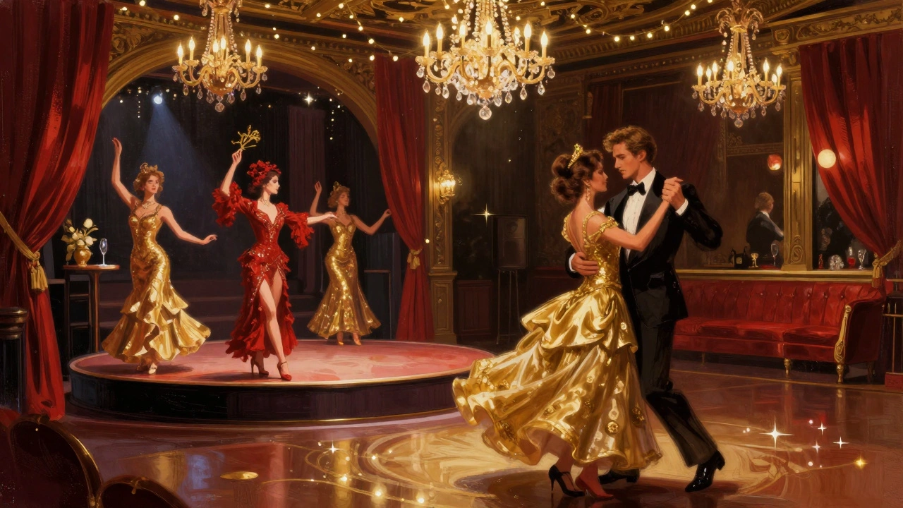 Rotating stage performance in Moulin Rouge! lavish costumes