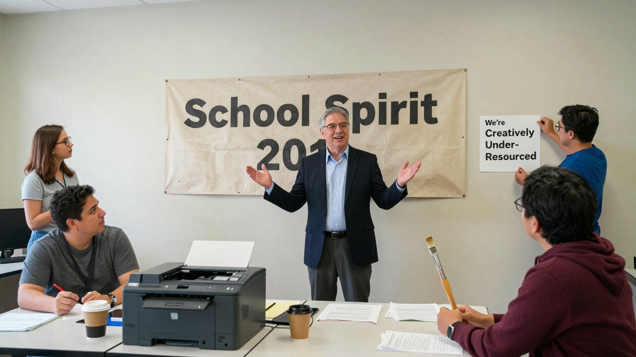 School staff gather around a faded banner, holding absurdly expensive art supplies in a dimly lit break room.