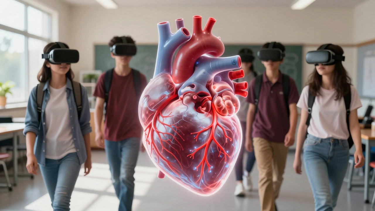 Students exploring a virtual human heart in a classroom, surrounded by glowing blood vessels and immersive learning.