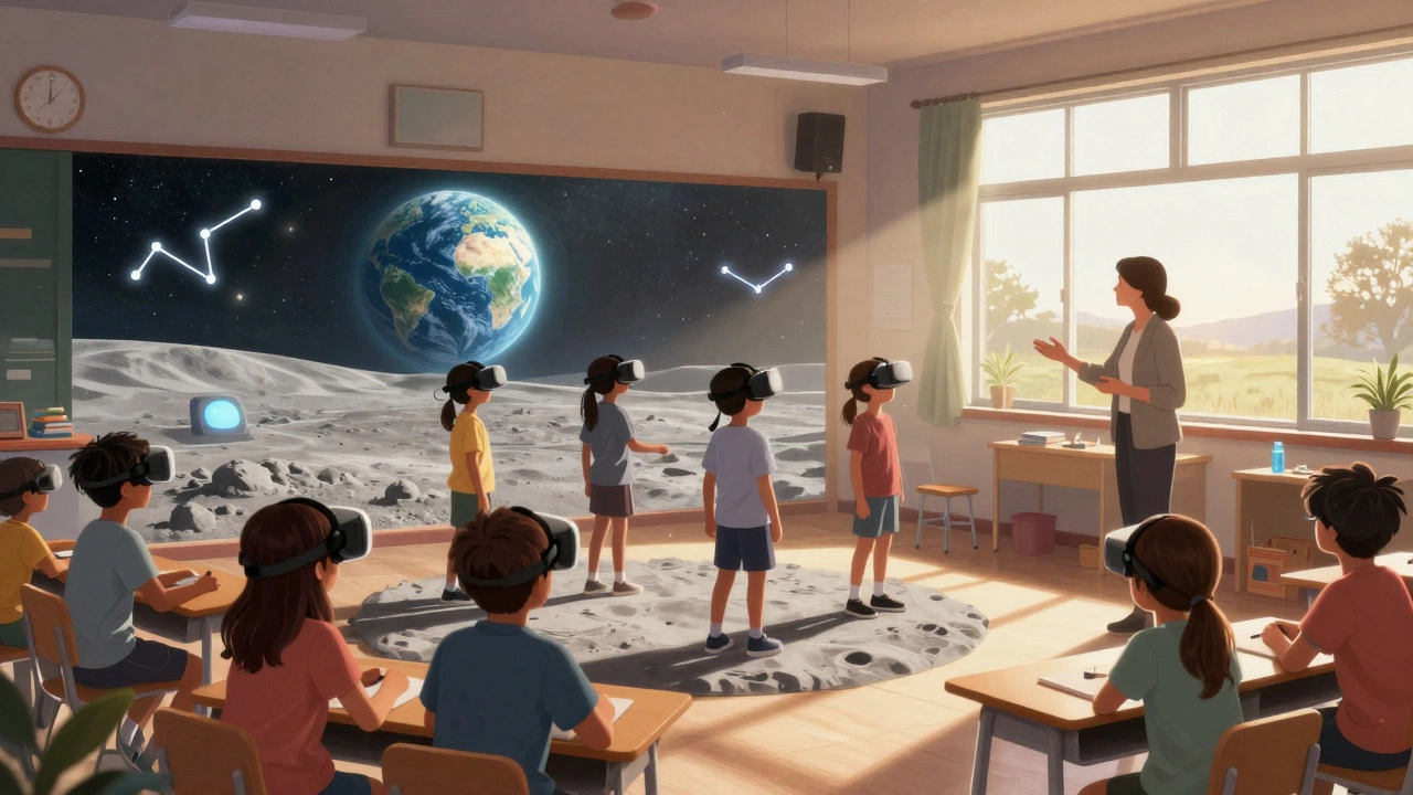 Students in a rural classroom experiencing a virtual moon landing through VR headsets.