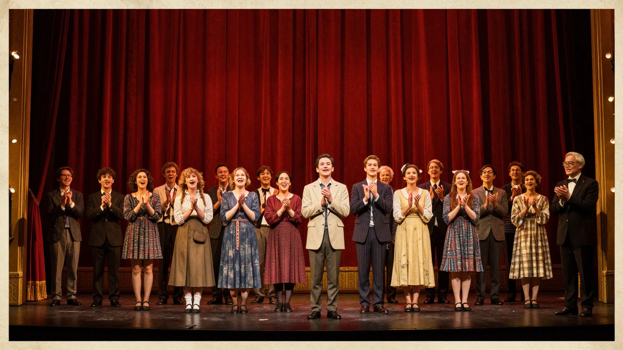 The full cast bows in order on a grand theatre stage as warm lights rise and the audience claps.