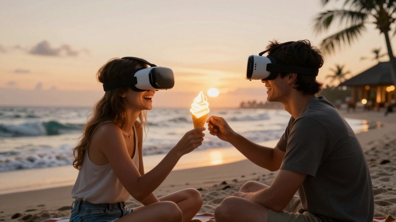 Two people sharing a virtual beach sunset, passing an ice cream cone while laughing together, their real surroundings blurred in the background.
