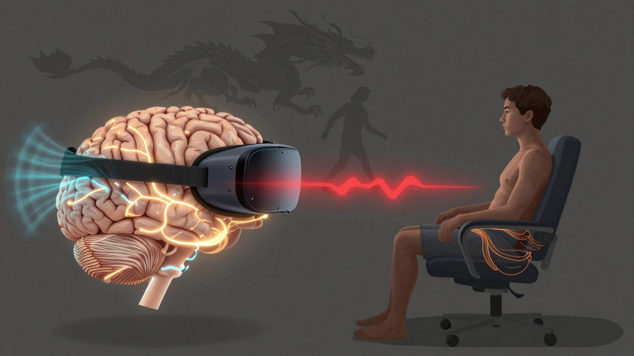 A cross-section of a brain showing conflicting signals between visual motion and still body during VR use.
