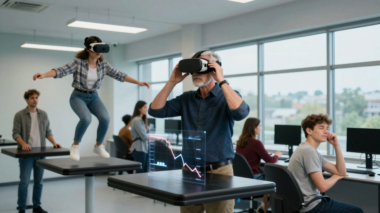 A group of diverse users in a VR lab adapting to virtual reality, with one adjusting their headset and another taking a break.