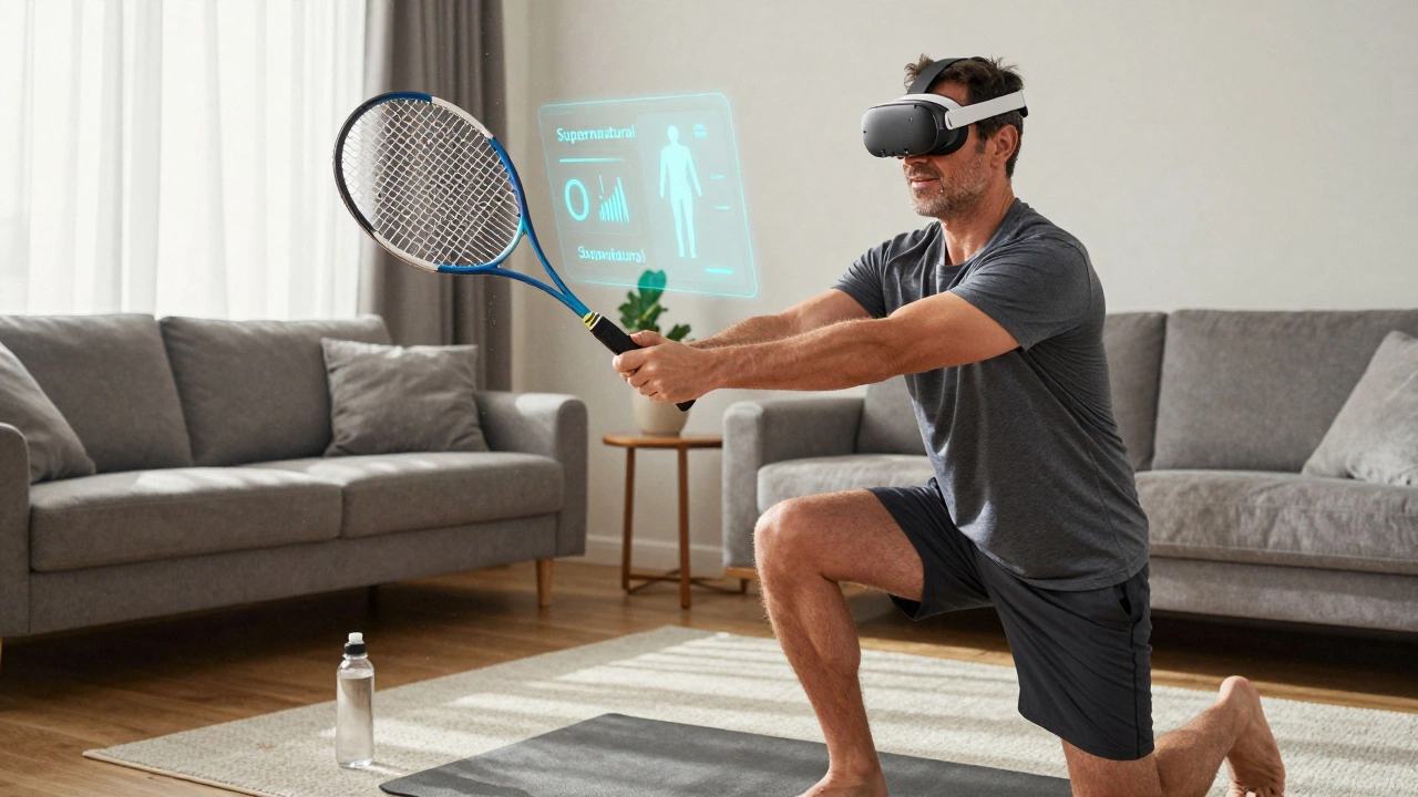 A man works out with a VR headset at home, surrounded by everyday fitness items.