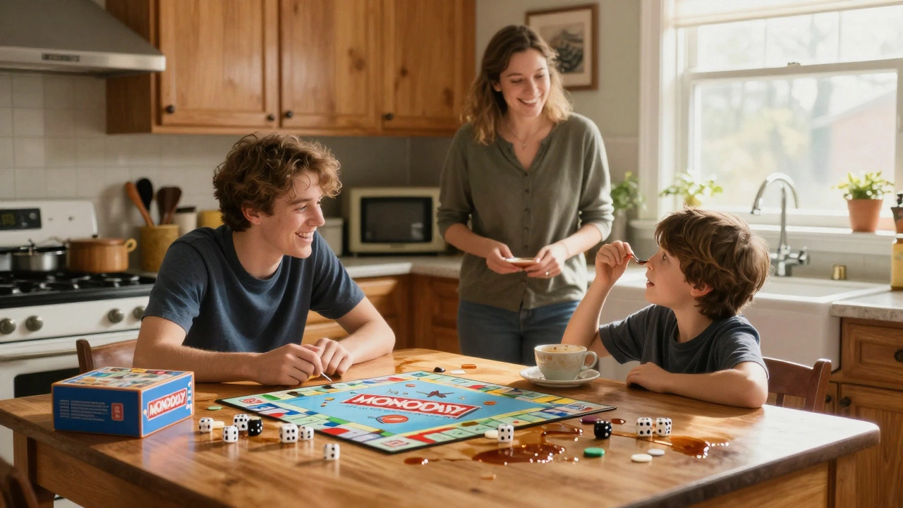 A messy kitchen breakfast scene with Monopoly game, family sharing laughter and connection.