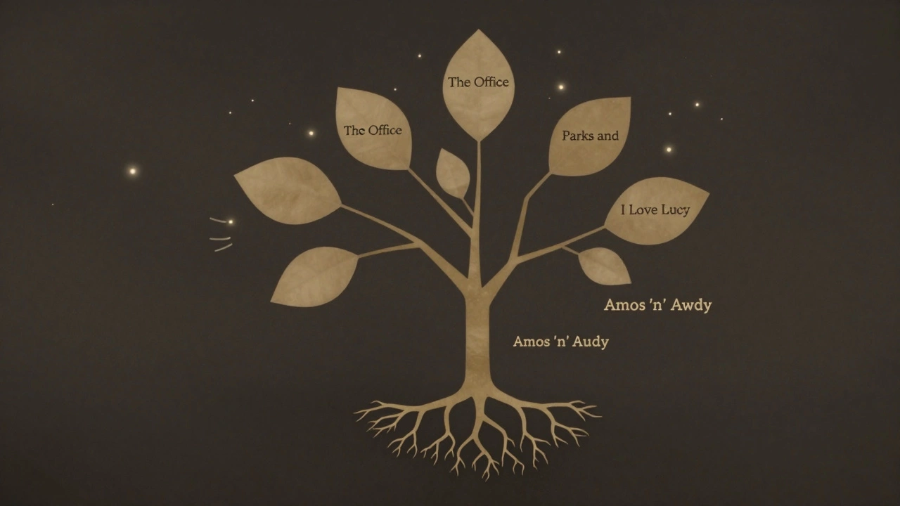 A symbolic tree shows the evolution of sitcoms from Amos 'n' Andy to modern comedies.