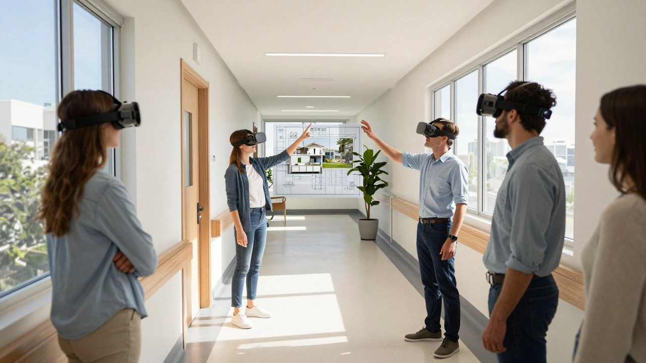 An architect examines a virtual hospital design with colleagues using VR headsets.