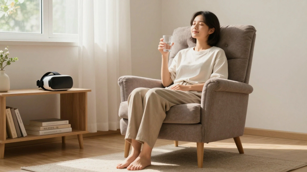 Calm person resting with water, VR headset on table nearby