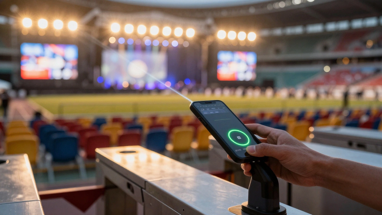 Close-up of a digital ticket scanner displaying a green success light.