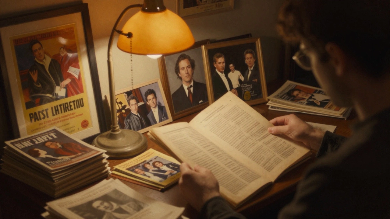 Enthusiast studying vintage theatre programmes at wooden desk