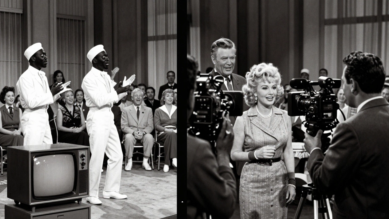 Split scene: 1950s blackface performers on one side, Lucille Ball filming on the other.