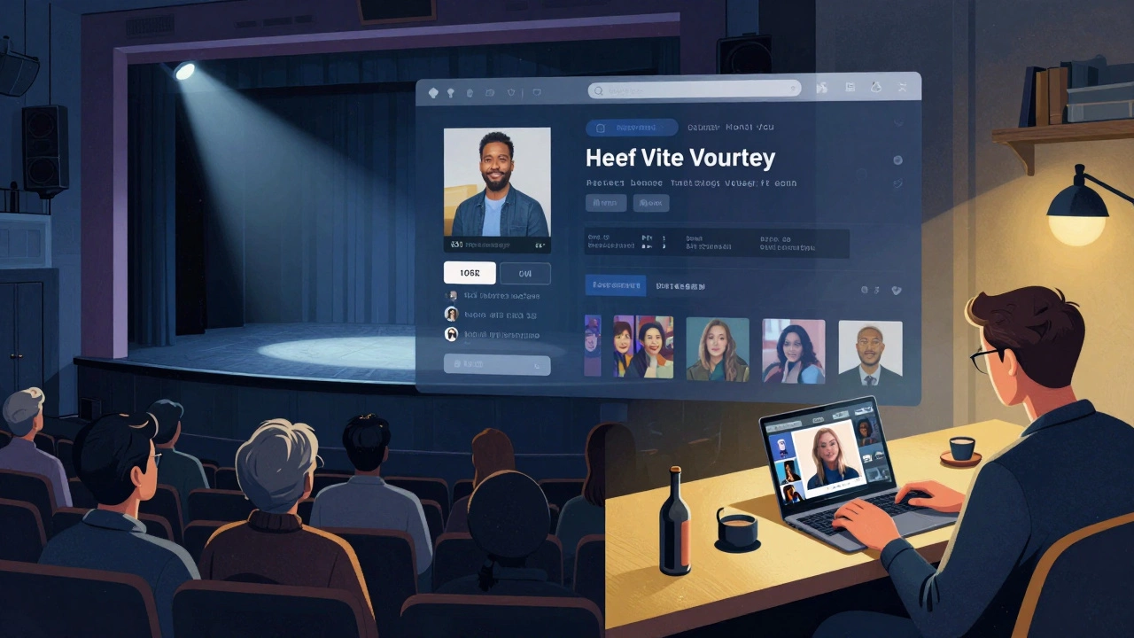 Split view of live audience and digital theater streaming display