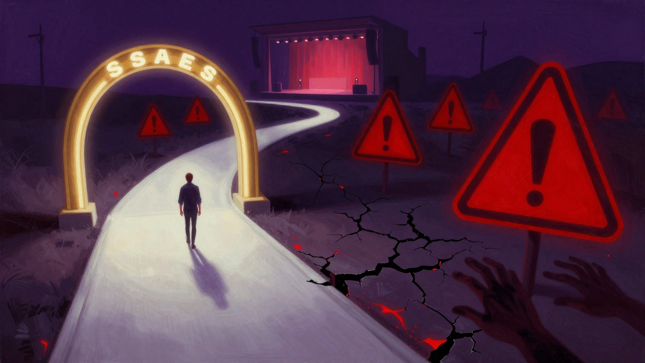 Surreal illustration showing a choice between safe and risky ticket paths.