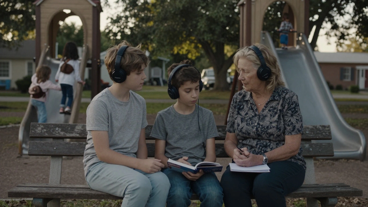 Three generations relaxing in a park, listening and playing together without screens.