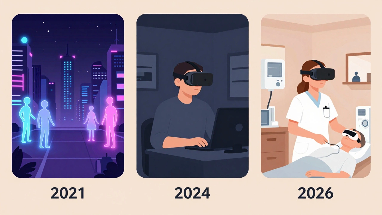 Three panels showing VR's evolution from metaverse fantasy to practical medical use.