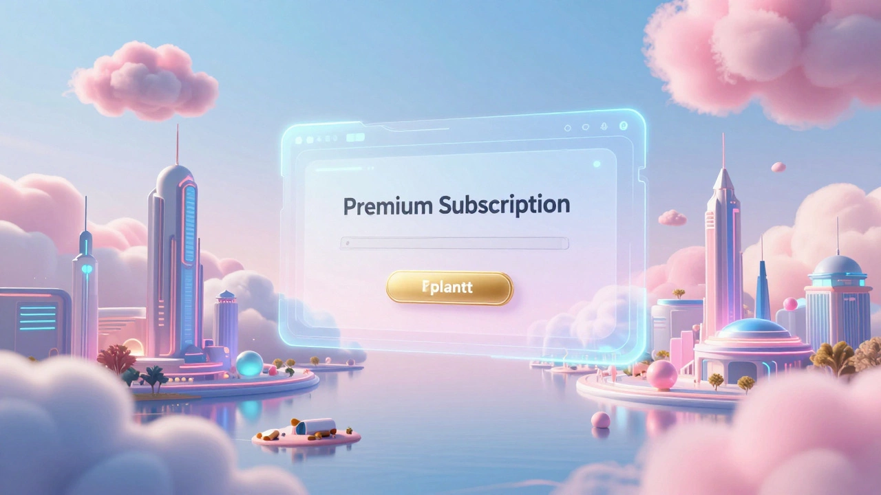 A futuristic digital heaven with holographic subscription menus floating in a pastel sky.