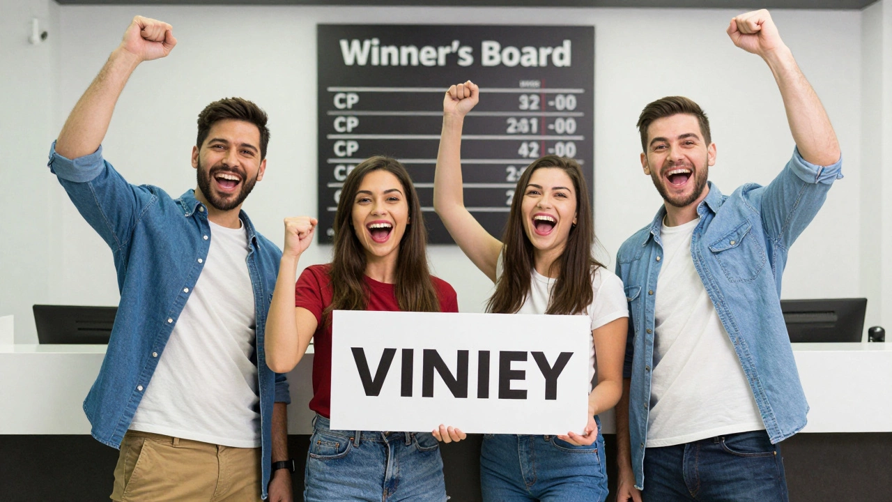 A happy team of friends celebrating their victory in an escape room lobby.