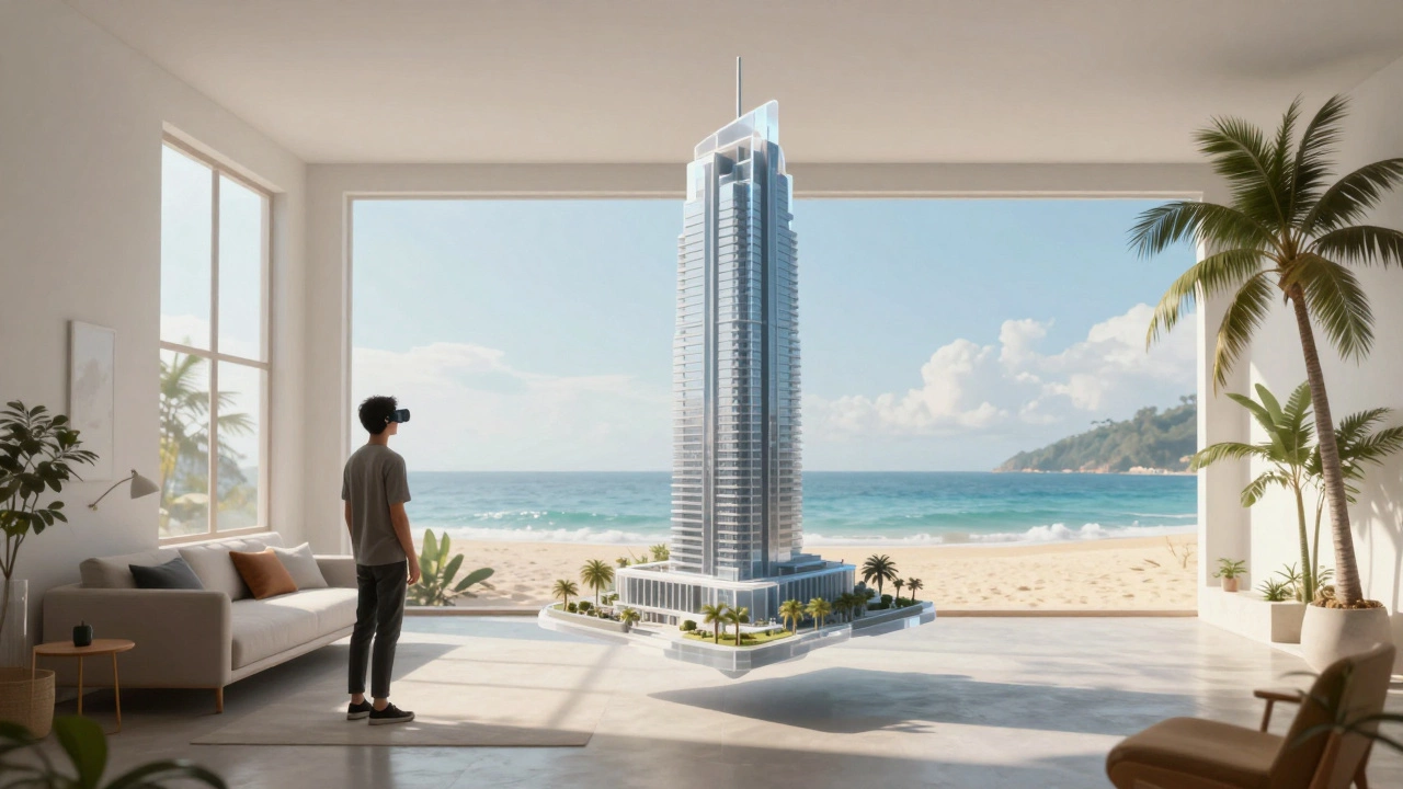 A person in a living room interacting with a floating 3D building model in mixed reality.