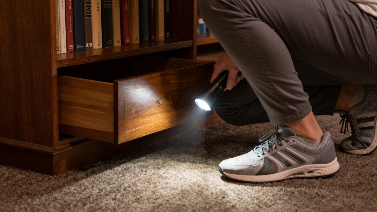 A person in sneakers crouching to find a secret clue under a bookshelf.