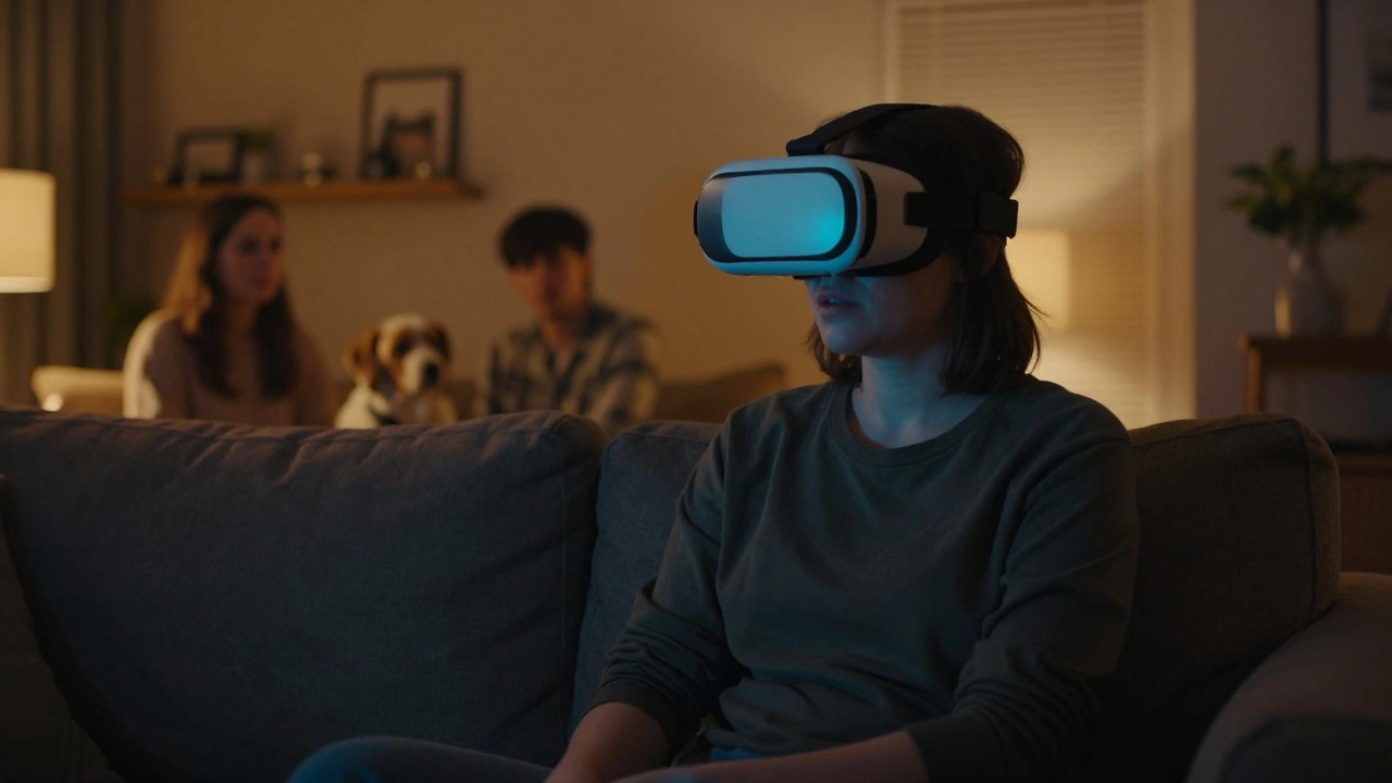 A person isolated by a VR headset in a warm living room, showing social disconnection