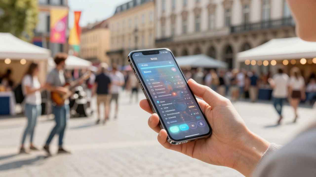 A person using a holographic dynamic itinerary app while attending a local city festival.
