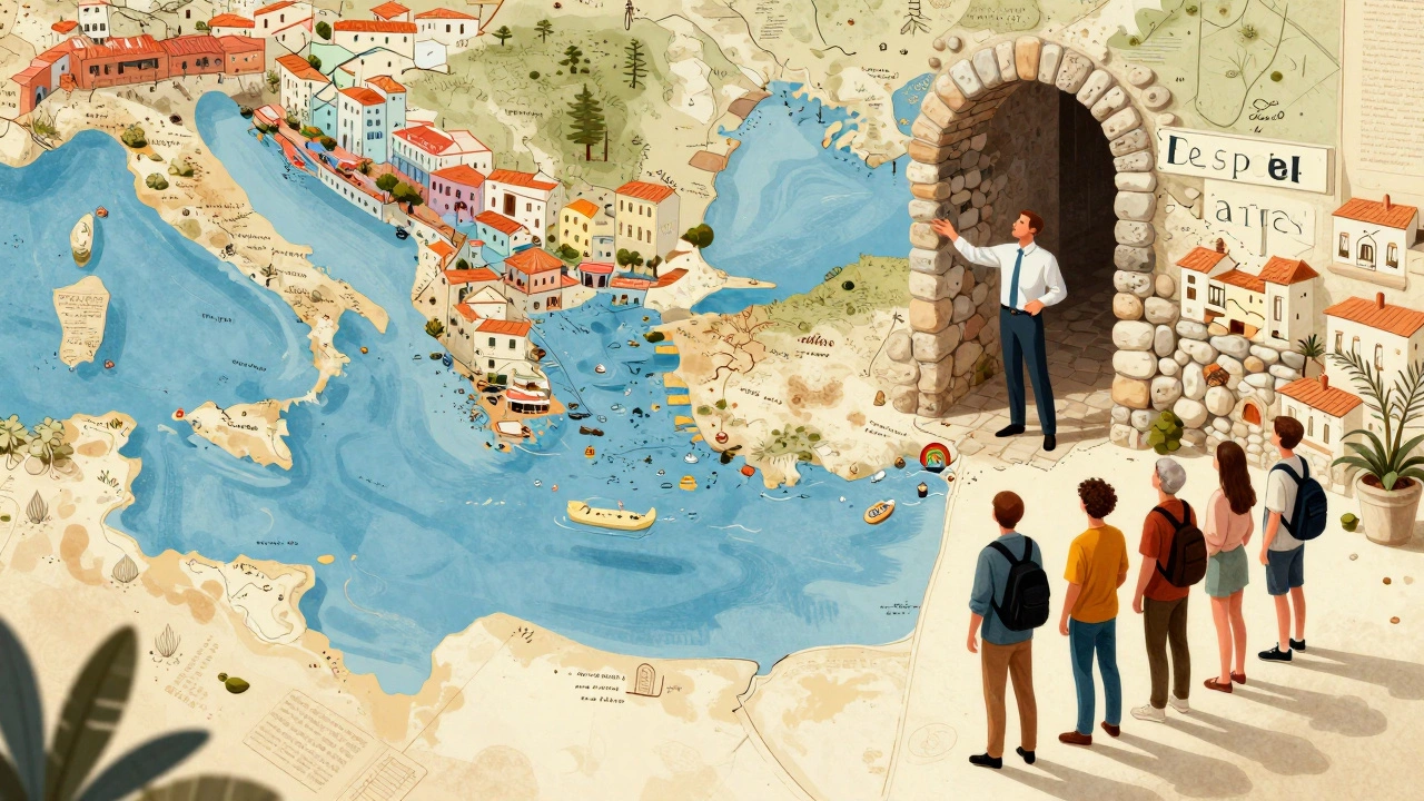 A private guide leading a small group through a hidden Mediterranean alleyway on a bespoke tour.