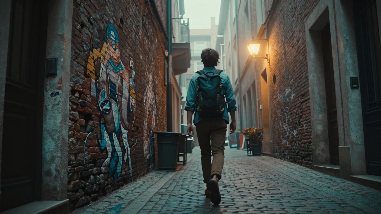 A solo traveler exploring a narrow European cobblestone street.