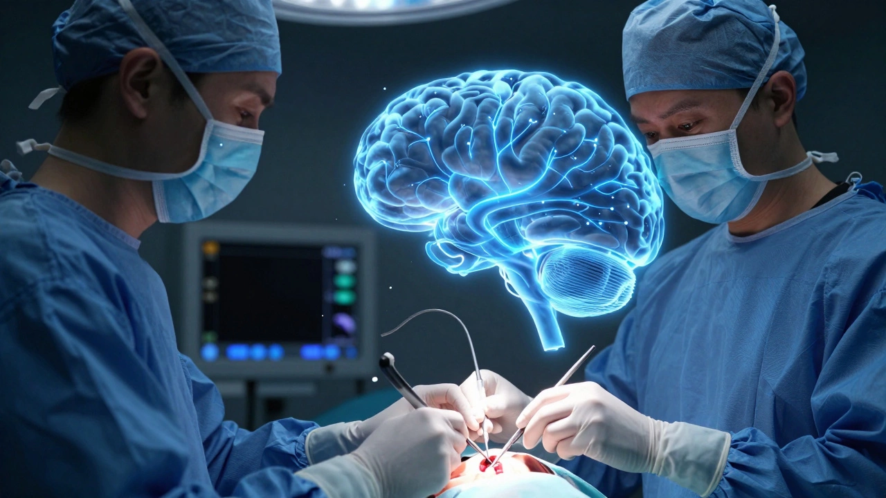 A surgeon practicing neurosurgery using a glowing holographic VR simulation.