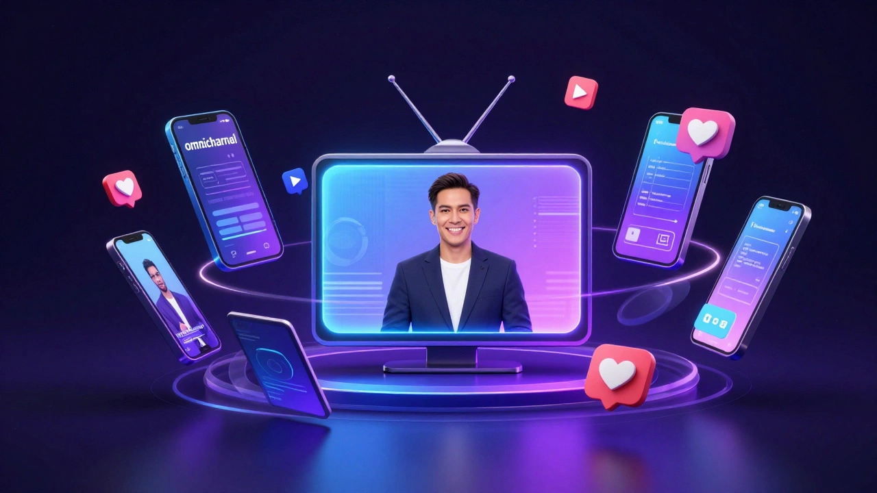 A TV screen surrounded by holographic smartphones and social media icons.