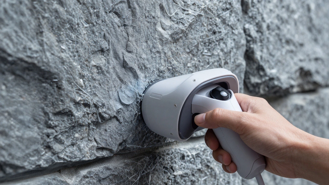 A VR controller hand passing through a digital stone wall, showing lack of tactile feedback