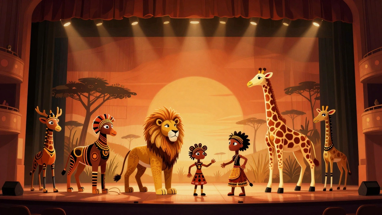 African-inspired lion and giraffe puppets on a brightly lit theater stage.
