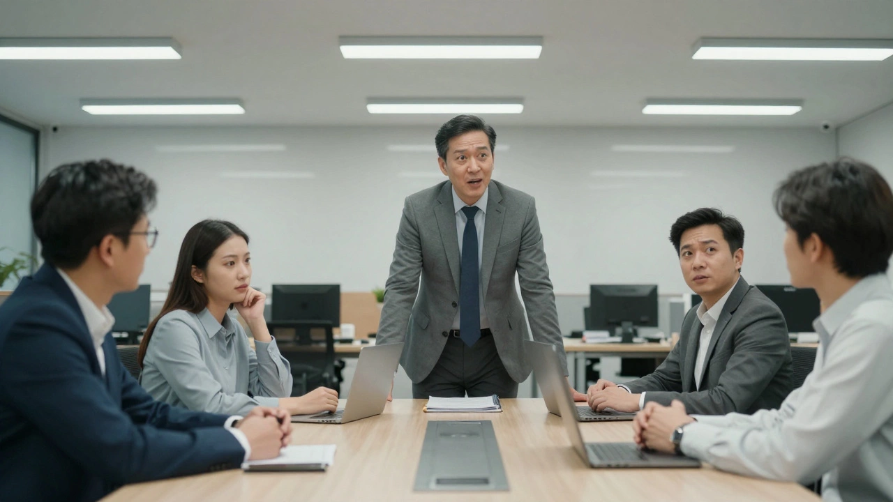 An awkward office meeting with employees giving skeptical looks to their manager.