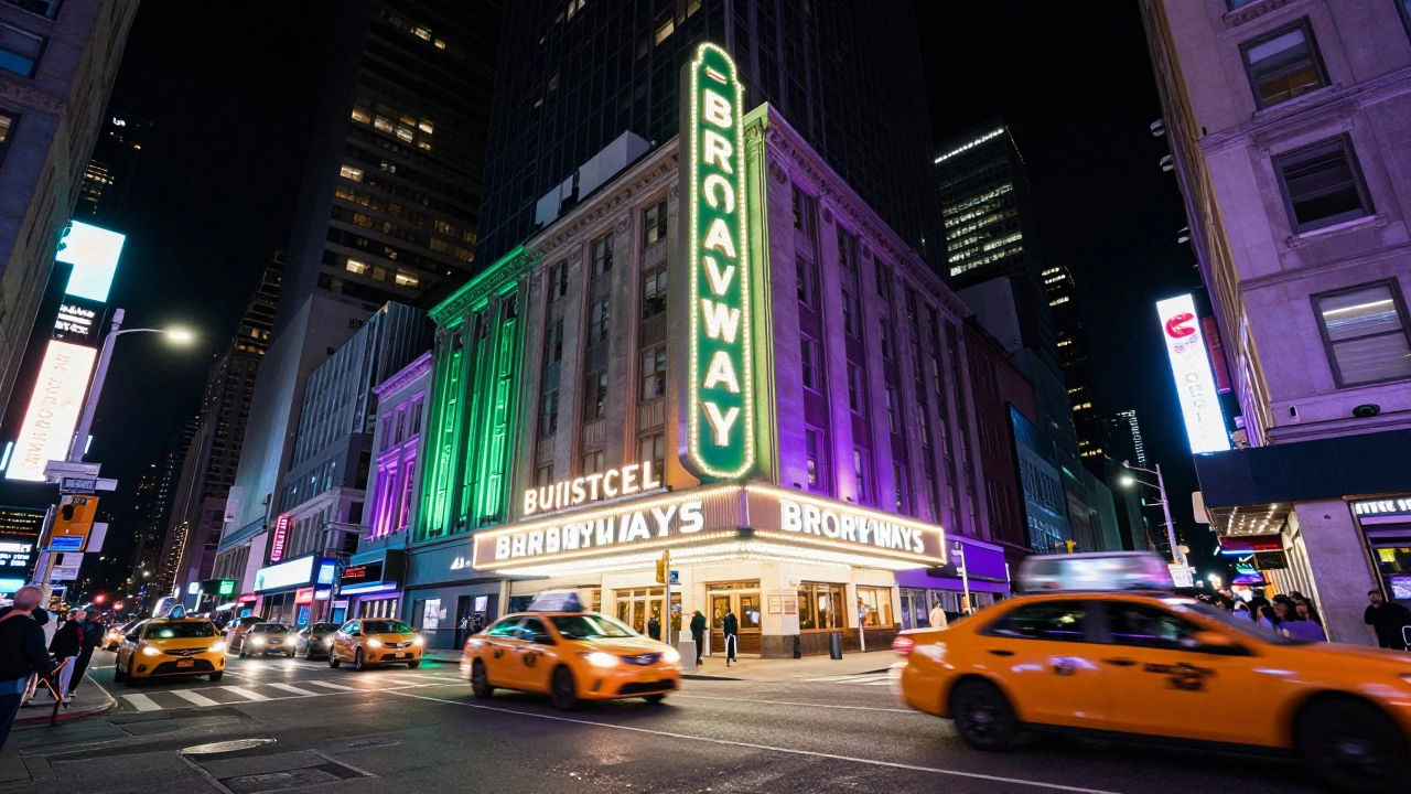 Glowing neon marquees and lights in the New York City Broadway Theater District at night.
