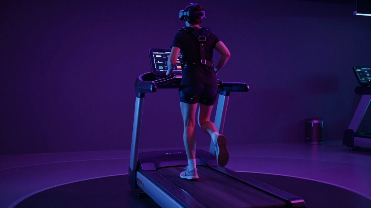 Person in a safety harness walking on a high-tech omnidirectional VR treadmill