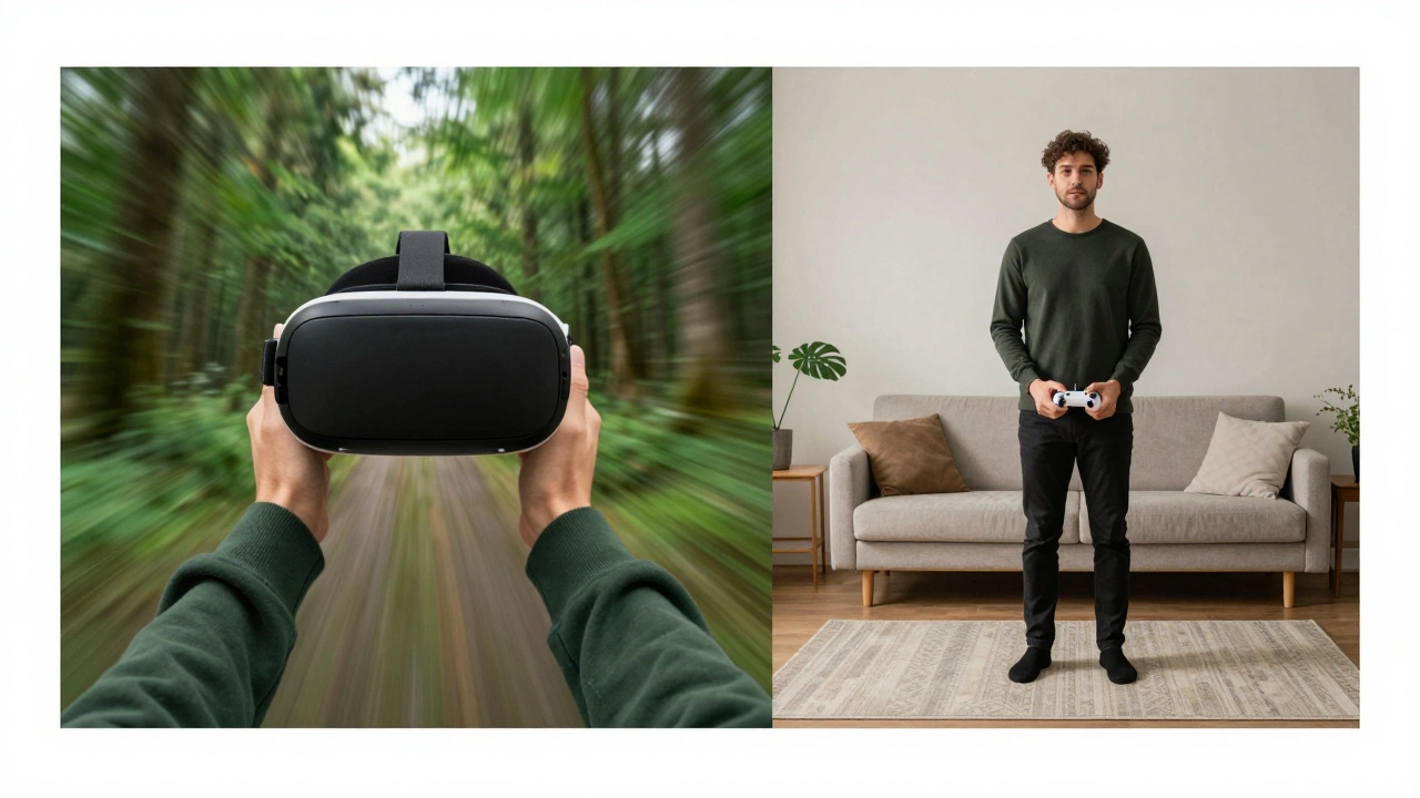 Split view showing a fast-paced VR forest and a person standing still in a room