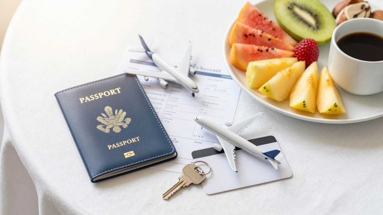 Travel essentials and a breakfast buffet representing a package tour.