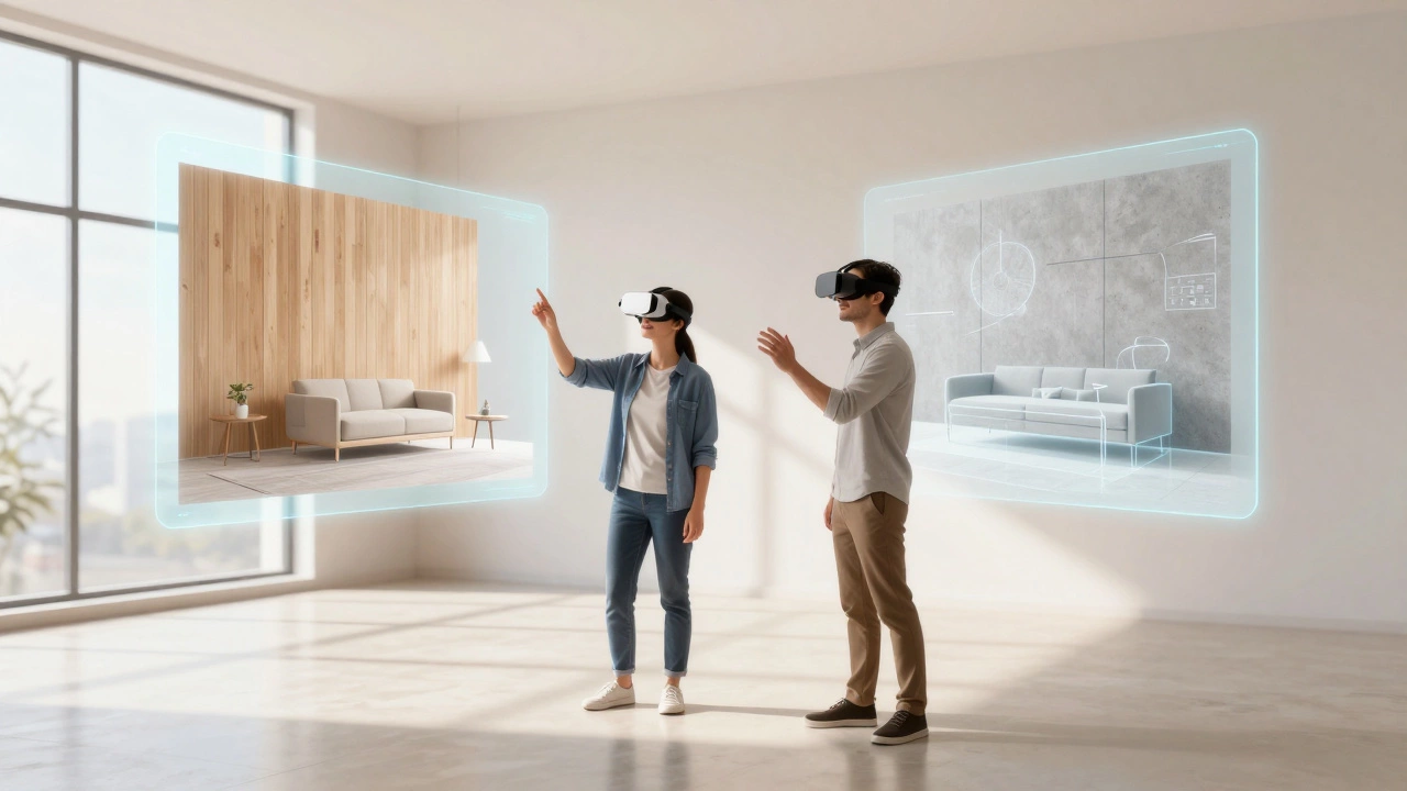 Architect and client reviewing virtual building designs in a bright room.