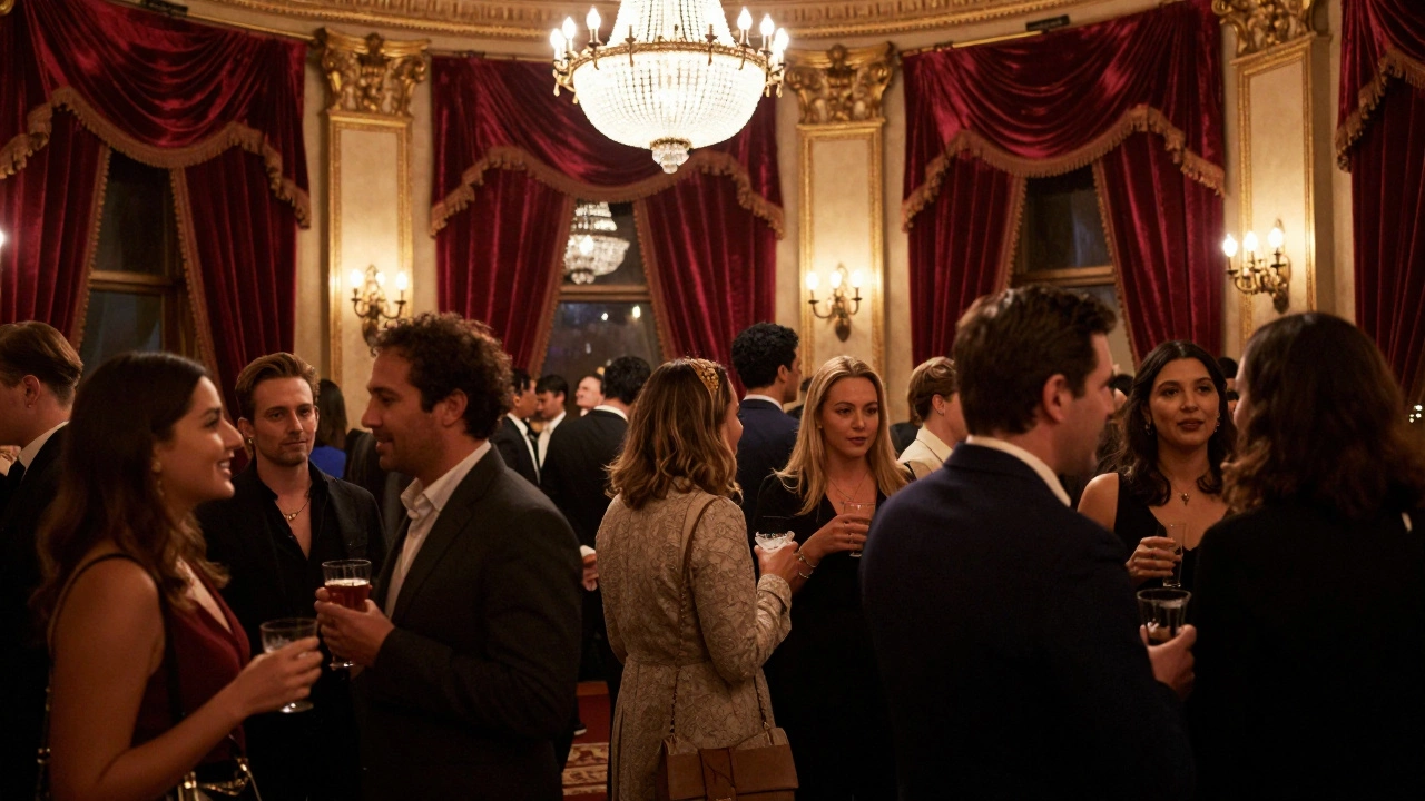 Audience mingling in an opulent, warmly lit historic theater lobby during intermission.
