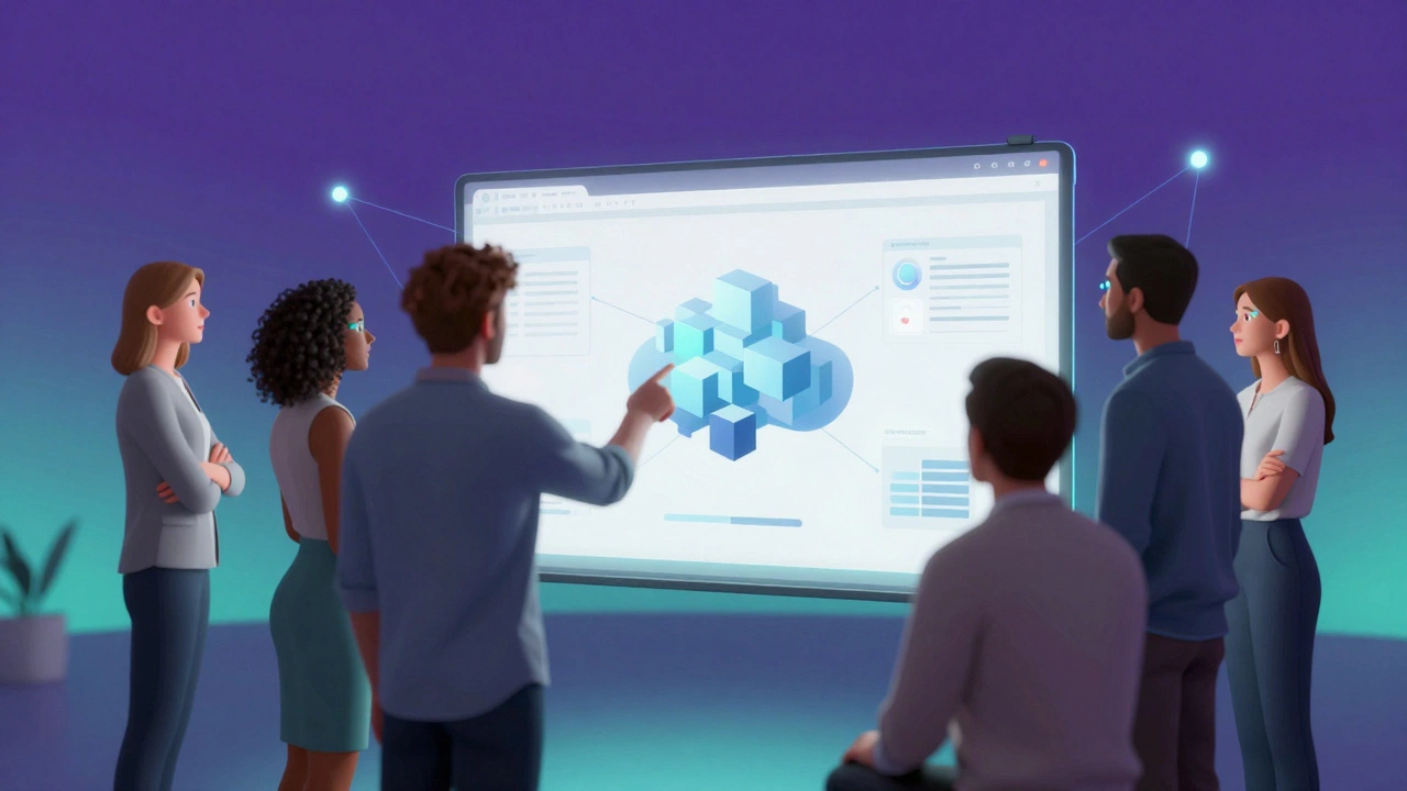 Avatars collaborating around a holographic board in a virtual office.