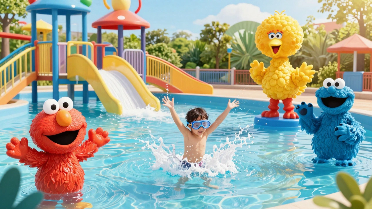 Children playing in colorful splash zones at Sesame Place water park