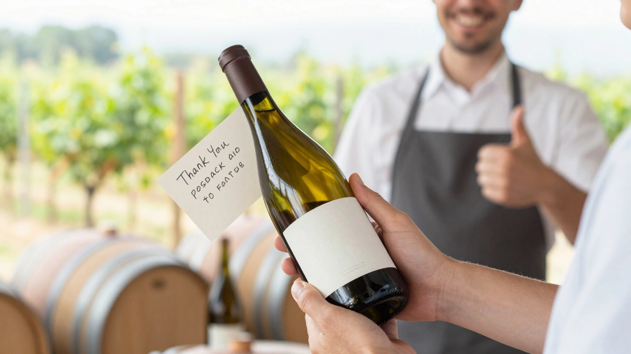 Customer buying wine with a thank you note