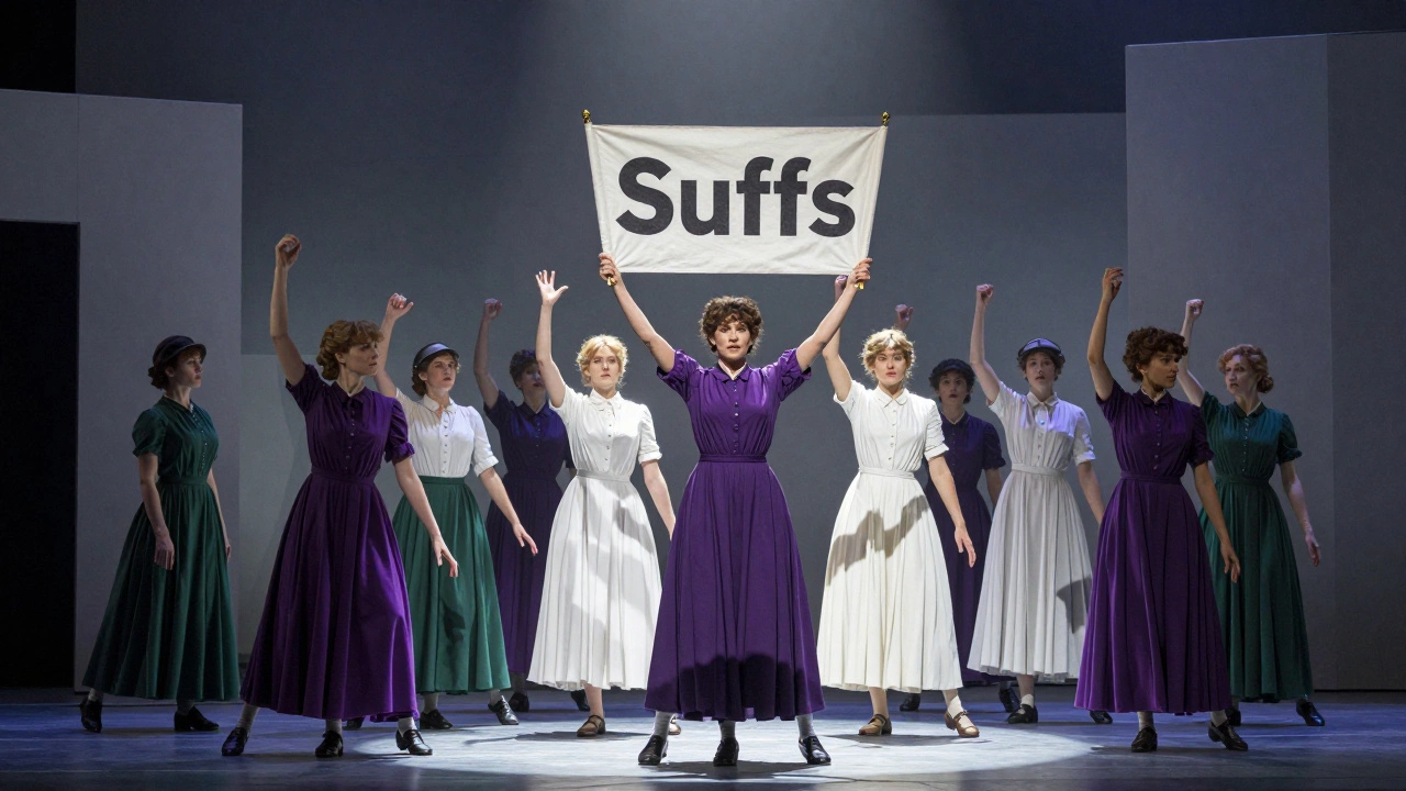 Ensemble cast performing on stage in purple and white suffragette-themed costumes