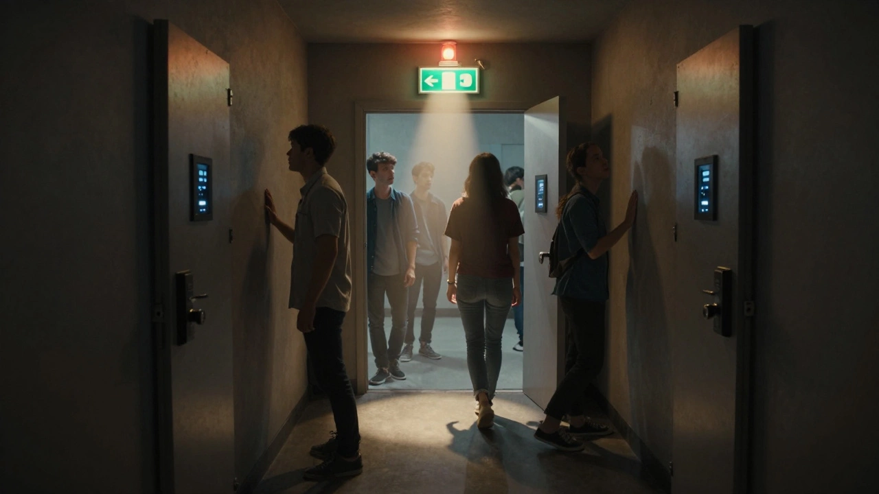 Escape room illuminated by emergency lights with unlocked doors showing fail-safe safety.